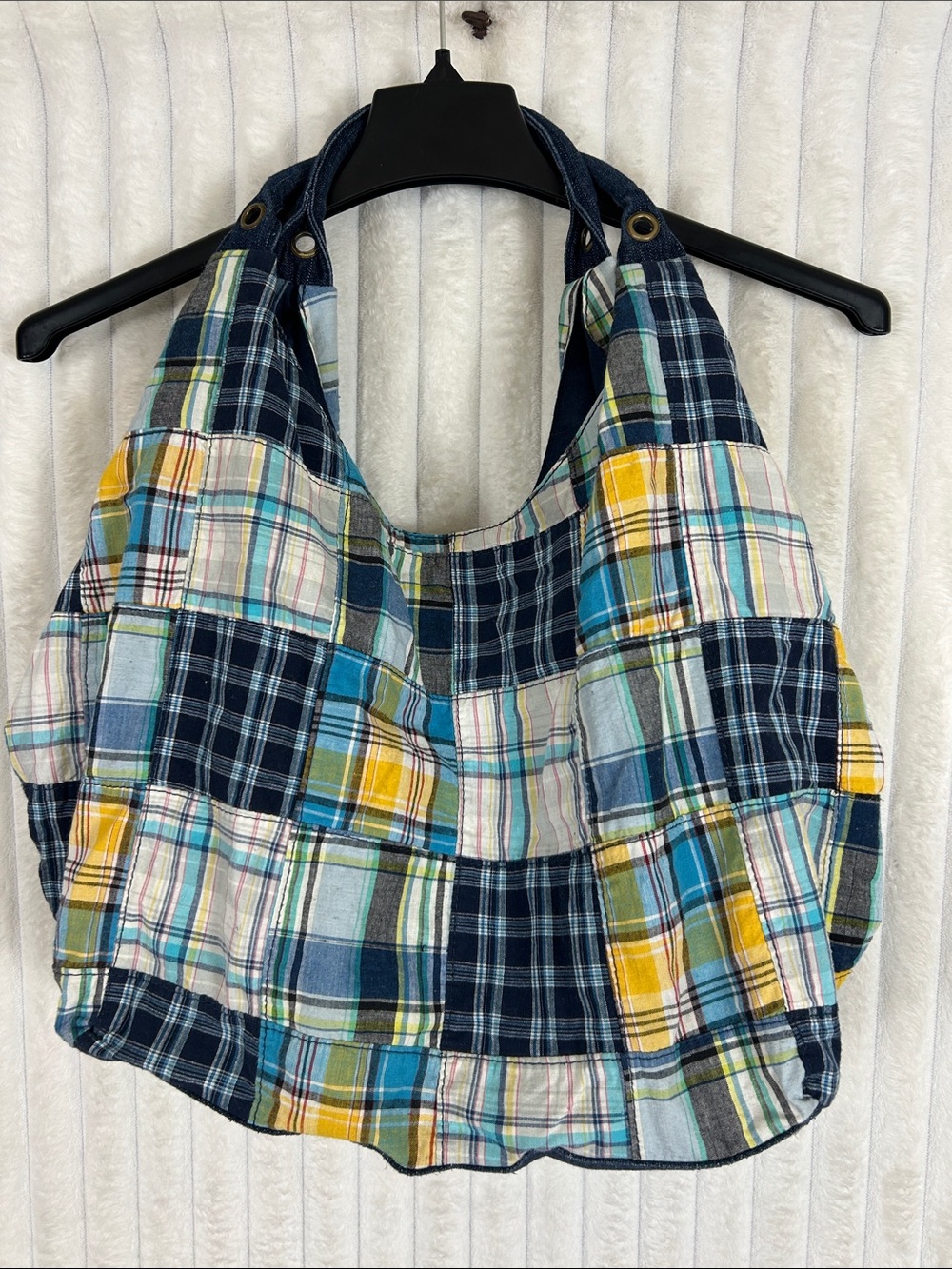 Patchwork Plaid denim strap large Hobo Bag